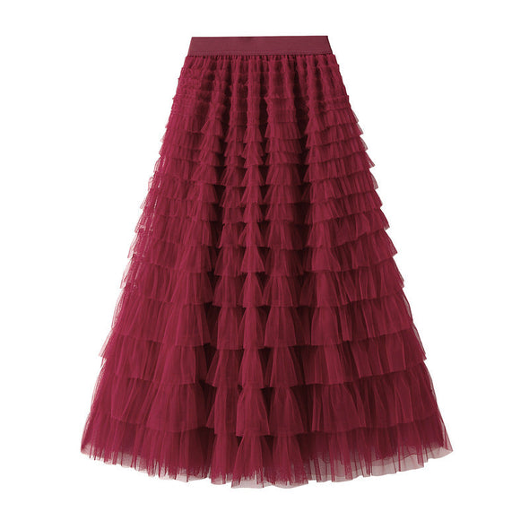 Women's Spring Autumn Pleated Long Mesh Skirt