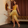 Gold Glitter Evening Prom Dress with Fringe and V-Neck