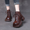 First Layer Cowhide Retro Martin Boots Square Toe Leather Lace-up Thick Heel Women's Shoes