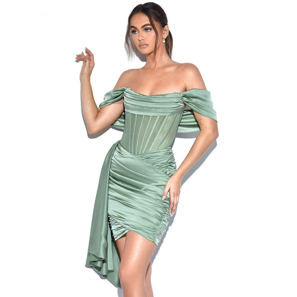 Solid Color One-Neck Dress Tube Top Gathered Satin Dress