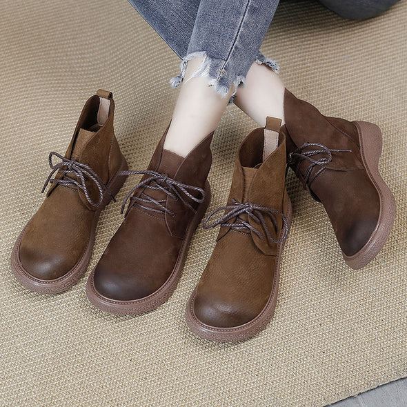 Leather Wear-resistant Non-slip Thick-soled Martin Boots Round Toe Comfortable Women's Shoes
