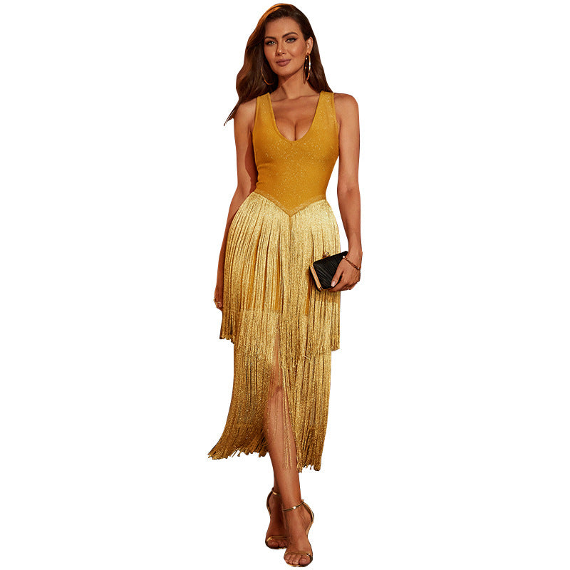 Gold Glitter Evening Prom Dress with Fringe and V-Neck Dresslittly Gold Glitter Evening Prom Dress with Fringe and V-Neck Dresslittly
