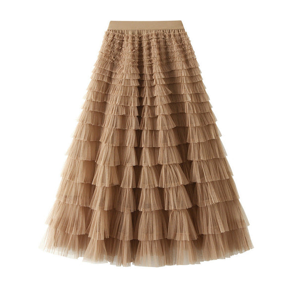 Women's Spring Autumn Pleated Long Mesh Skirt