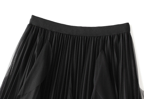High-waist Ruffled Paneled Mesh Skirt Long Pleated Skirt With Large Swing