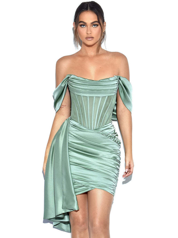 Solid Color One-Neck Dress Tube Top Gathered Satin Dress