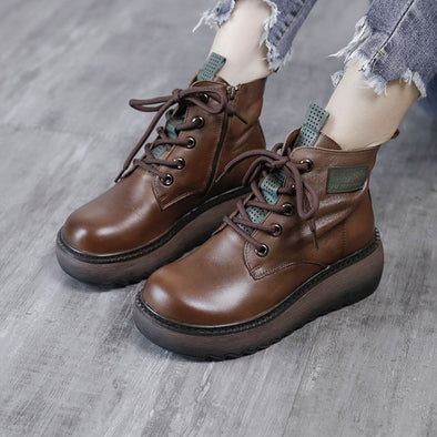 Thick Sole Leather Martin Boots Round Toe Wear Resistant Women's Shoes