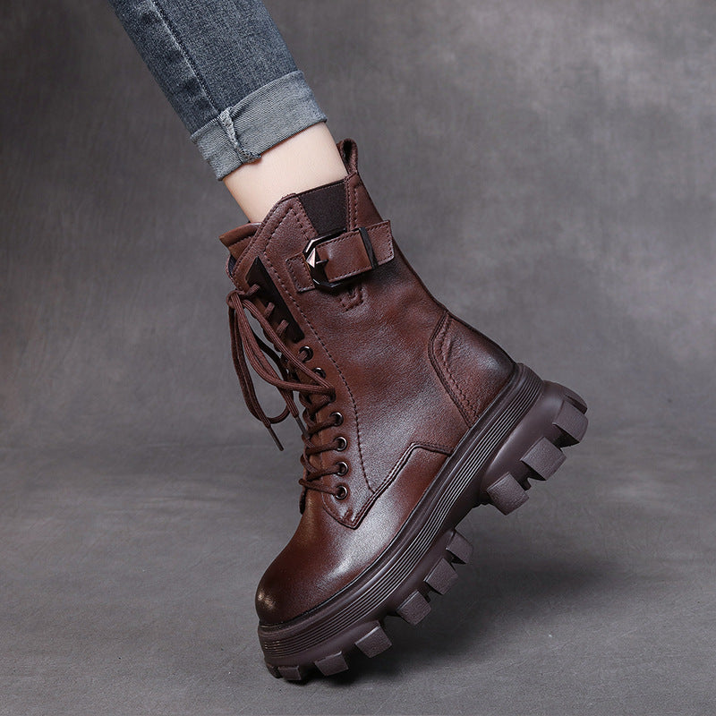 Leather Retro Martin Boots High Side Zip Women's Shoes