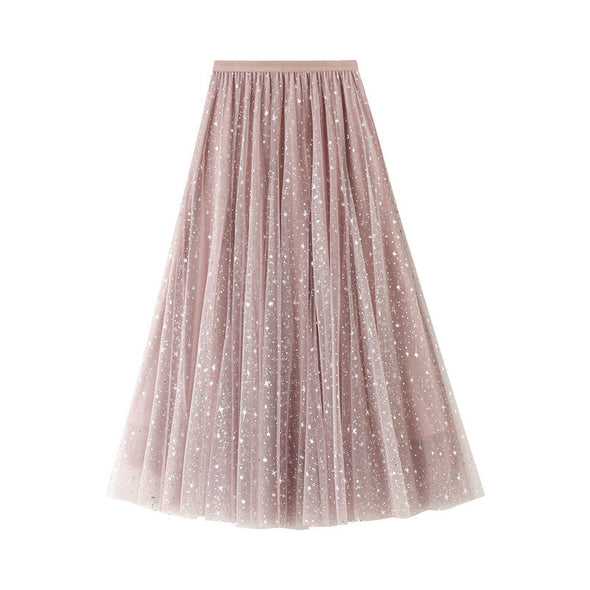 Women's Mid Length Sequin Star Mesh Gauze Skirt