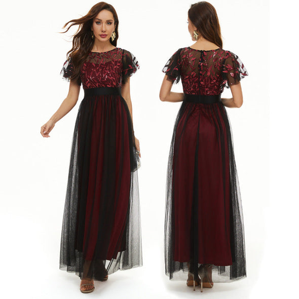 Sequin Party Dress Embroidered Short Sleeve Round Neck Evening Dress