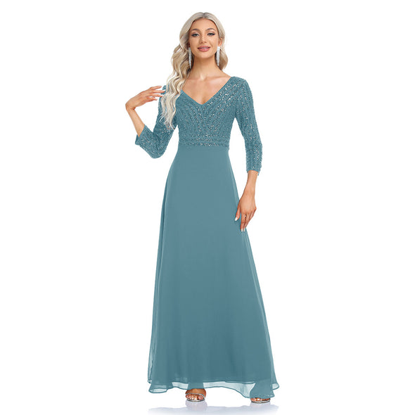 Chiffon Double V-Neck Long Sleeve Evening Dresses Stitching Sequins Prom Dresses