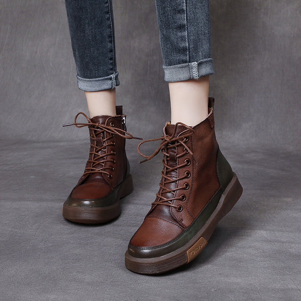 Vintage Leather Colorblock Boots Women's Soft Sole Flat Shoes