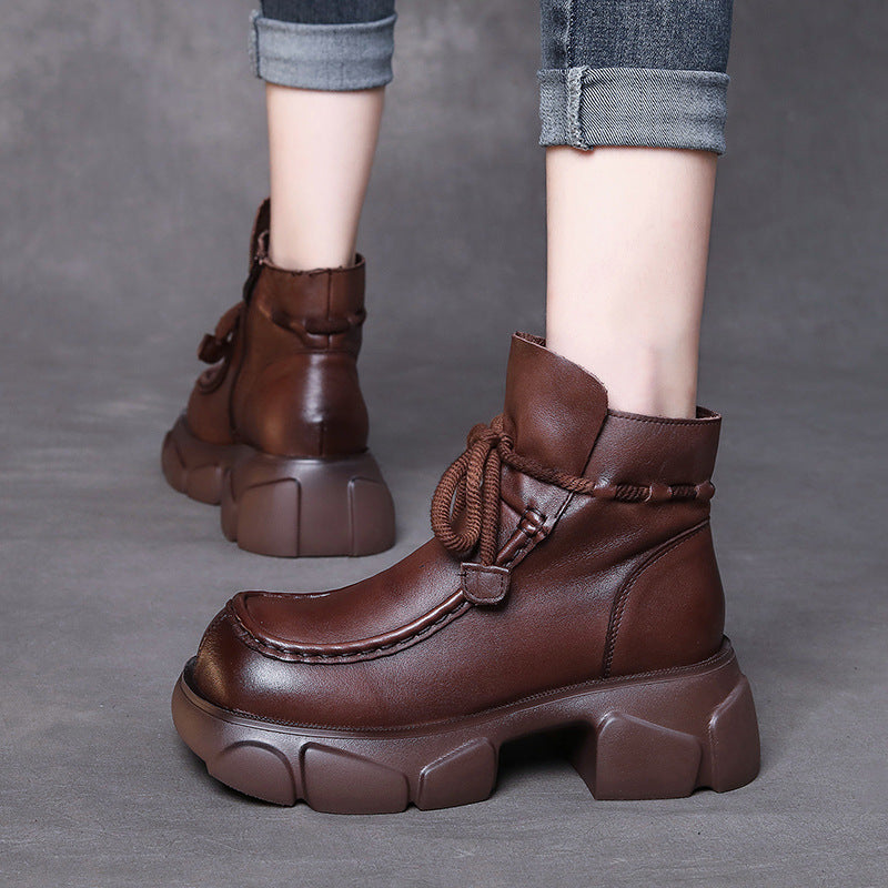 Leather Handmade Retro Women's Boots Thick Soles Chunky Heels Square Toe Shoes