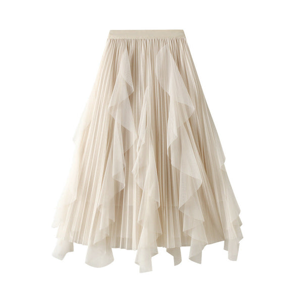 High Waist Stitching Mesh Skirt Women's Mid-length Pleated Skirt