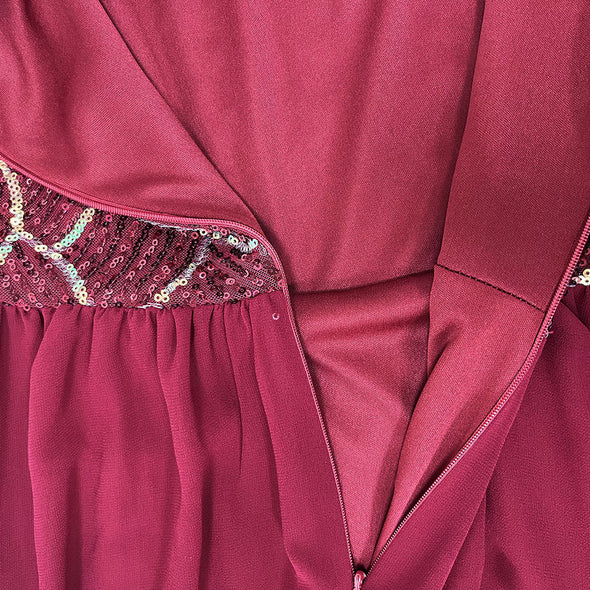 Long Sleeve Chiffon Panel Sequin Party Dress A-Line Round Neck Evening Dress