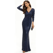 Long Sleeve V Neck Sequined Fishtail Evening Dress