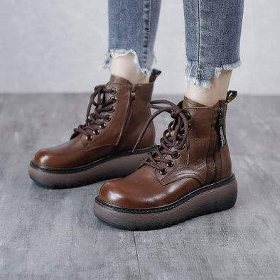 Leather Round Toe Thick Sole Martin Boots Slim Women's Shoes