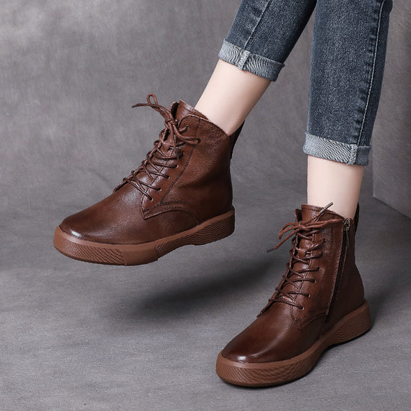 Leather Flat Soft Sole Casual Boots Side Zipper Lace Up Women's Shoes