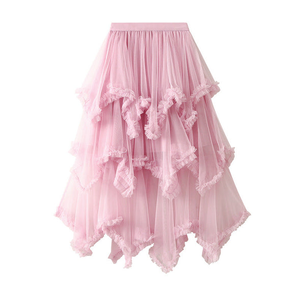 Irregular Mesh Skirt Mid-length High Waist Skirt