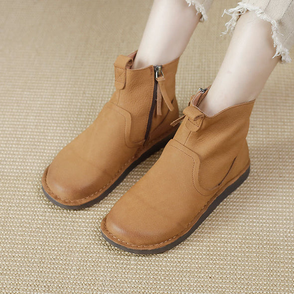 Leather Vintage Ankle Boots Round Toe Hand-stitched Comfortable All-match Women's Shoes