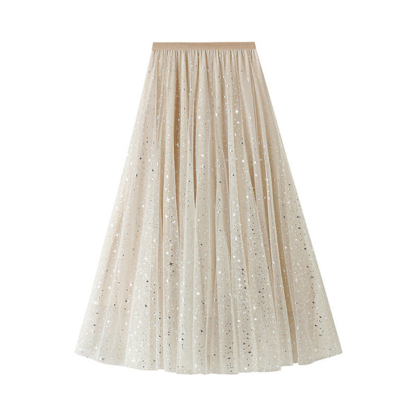 Women's Mid Length Sequin Star Mesh Gauze Skirt