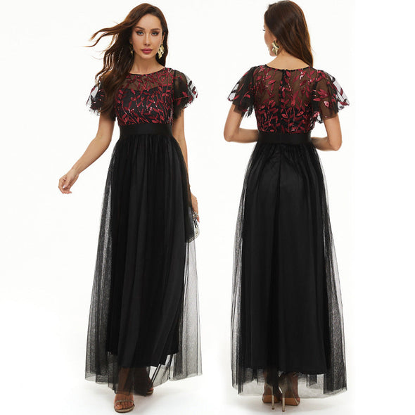 Sequin Party Dress Embroidered Short Sleeve Round Neck Evening Dress