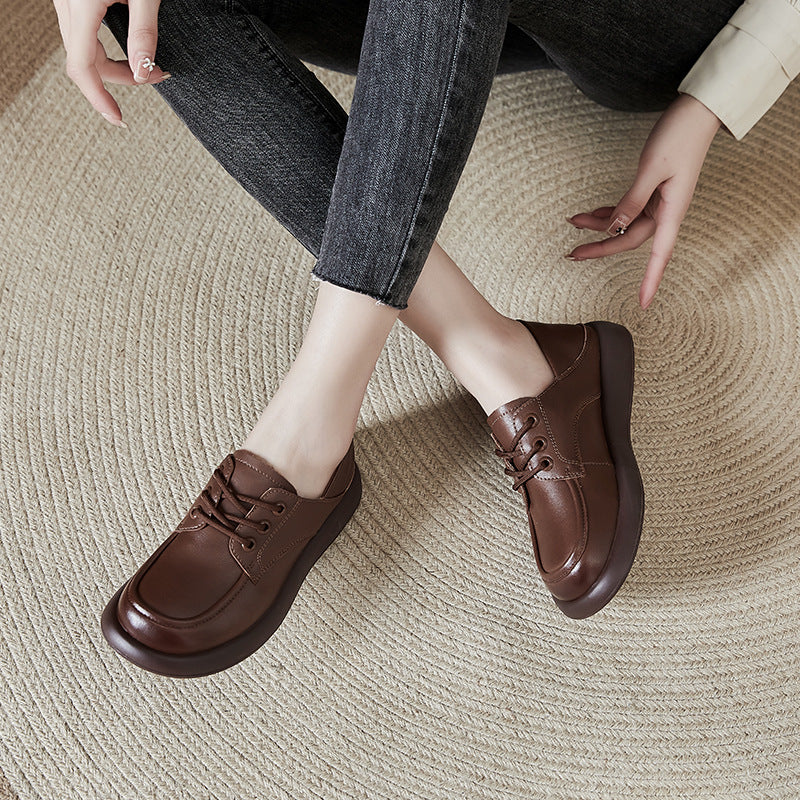 Women Flat Shoes Spring and Autumn Cowhide Lightweight Comfortable Soft Sole Lace-up