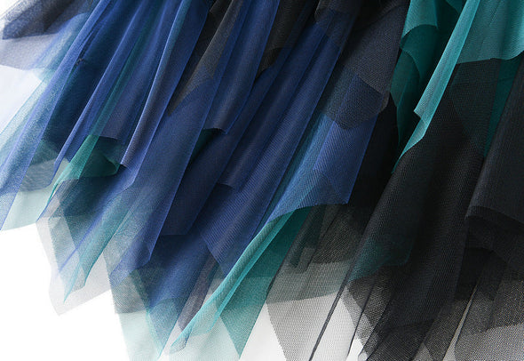 Color Block Mesh Multi-layer Irregular Waist Mid Length Skirt