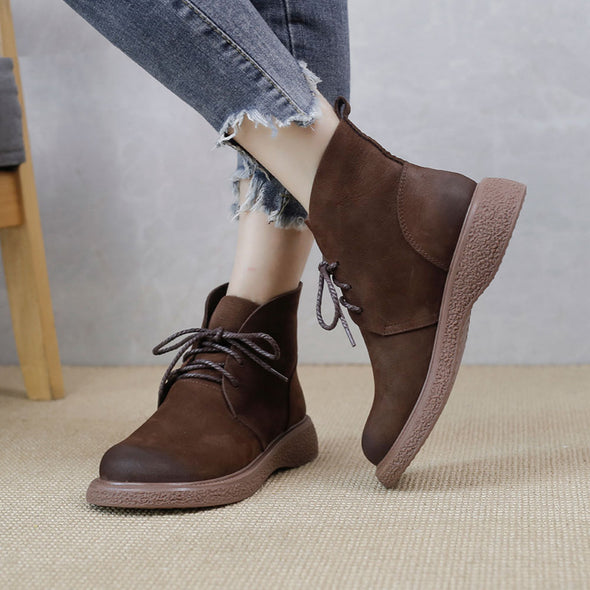 Leather Wear-resistant Non-slip Thick-soled Martin Boots Round Toe Comfortable Women's Shoes