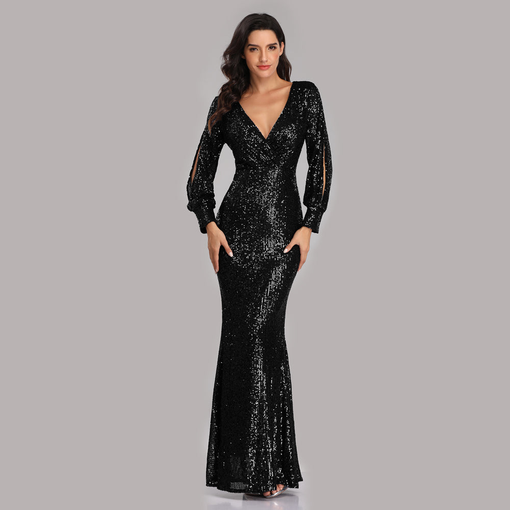 Formal Evening Dresses for Women V-neck Mermaid Maxi Sequin Dress