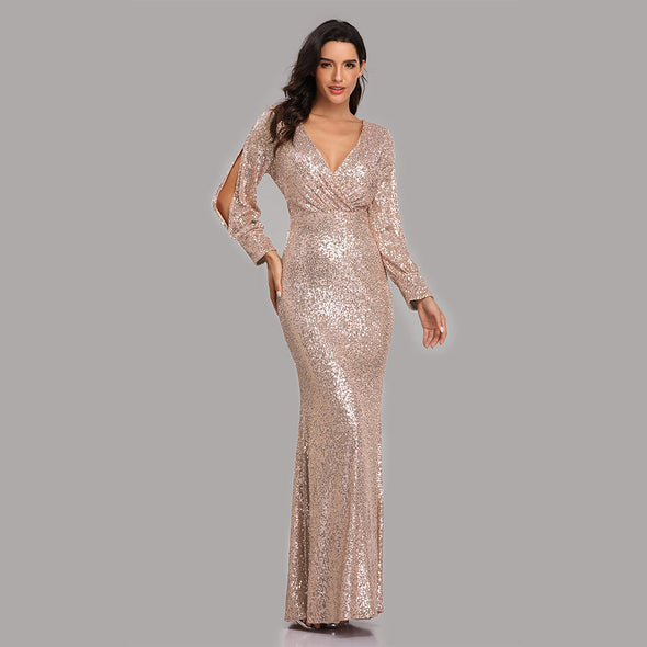 Formal Evening Dresses for Women V-neck Mermaid Maxi Sequin Dress for Party