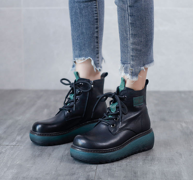 Thick Sole Leather Martin Boots Round Toe Wear Resistant Women's Shoes