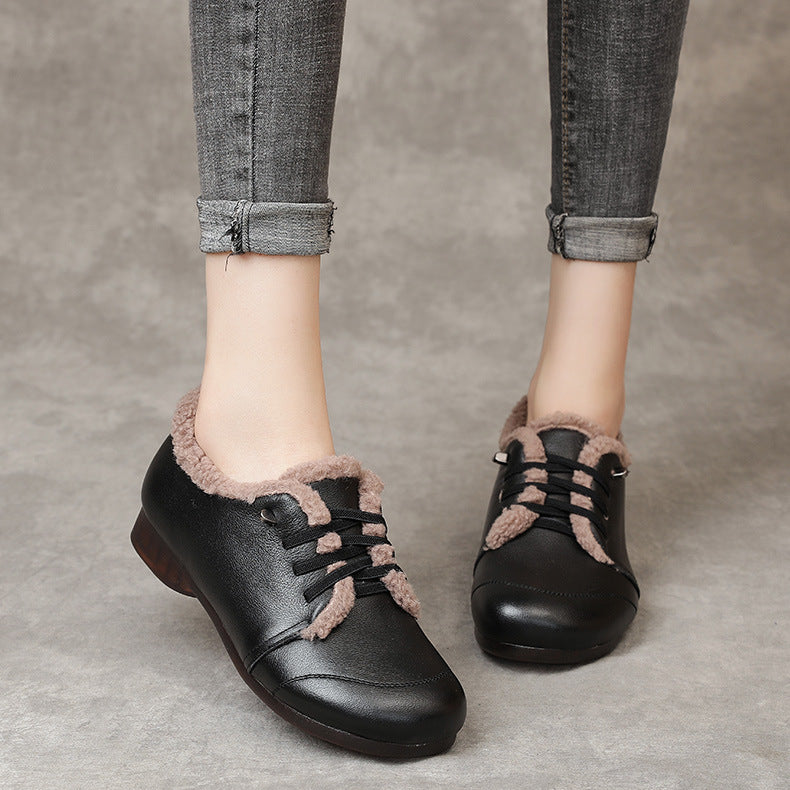 Leather Lace Up Handmade Women's Shoes Round Toe Flat Heel Soft Sole Comfortable Warm Shoes